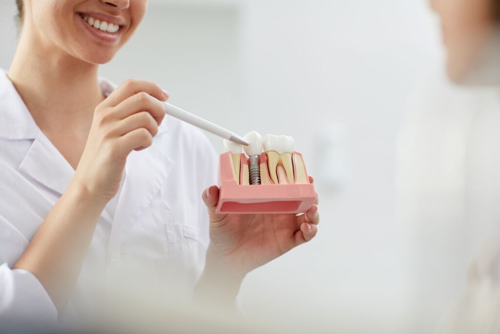 A dentist showing a patient a model of a jaw with a dental implant.