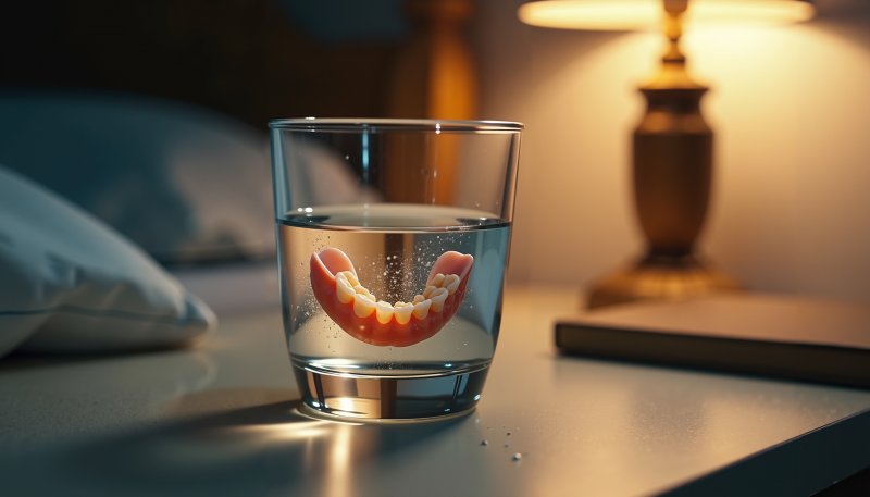 Dentures soaking in a glass at night